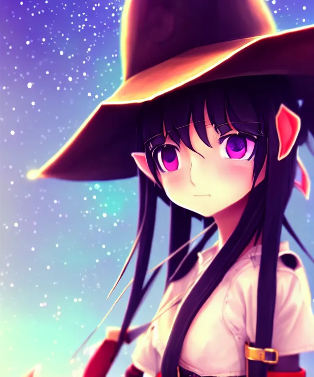 Image similar to adorable young cute anime elf girl, cowboy hat long black hair, explorer armor. symmetrical face. symmetrical detailed defined eyes. beautiful lineart. bokeh pixiv # 1 ranking depth focus, chromatic aberration, noise, soft lighting, srgb, 4 k, cinematic