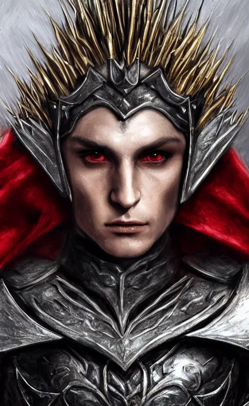 Image similar to A portrait of a male elf, 20 years old, short silver hair, red eyes, wearing a spiked black metal crown, black heavy armor with gold trim, and a red cape, lean but muscular, attractive, command presence, royalty, weathered face, smooth, sharp focus, illustration, concept art, highly detailed portrait muscle definition, fantasy painting, ArtStation, ArtStation HQ