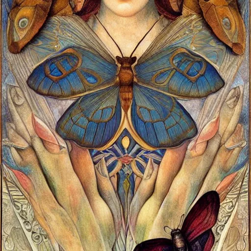 Image similar to moths attending their queen, by Annie Swynnerton and Diego Rivera and Evelyn De Morgan, symbolist, dramatic lighting, elaborate geometric ornament, god rays, soft cool colors,smooth, sharp focus, extremely detailed, Adolf Wölfli