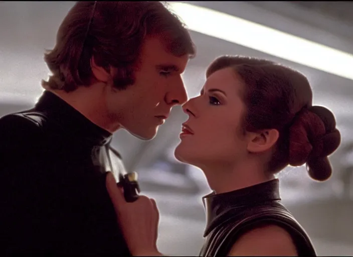 Image similar to screenshot of Han Solo dressed up as an imperial officer kissing Princess Leia Organa, iconic scene from 1970s thriller film directed by Stanley Kubrick, in a sci-fi shipping port, last jedi, 4k HD, cinematic lighting, beautiful portraits of Harrison Ford and Carrie Fischer, moody, stunning cinematography, anamorphic lenses, kodak color film stock