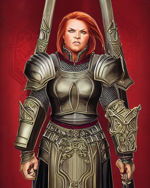 Prompt: symmetrical portrait of a stocky muscular redheaded woman in clerical vestments over full plate armor, iconic character art by Wayne Reynolds for Paizo Pathfinder RPG