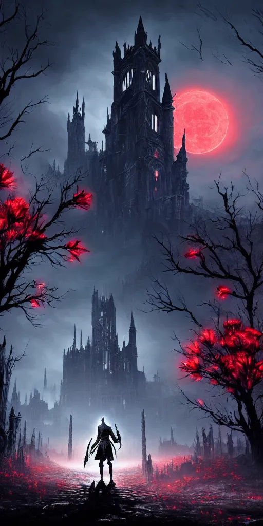 Image similar to abandoned bloodborne old valley with a person at the centre and a ruined gothic city at the end with a big castle, trees and stars in the background, falling red petals, epic red - orange moonlight, perfect lightning, wallpaper illustration by niko delort and kentaro miura, 4 k, ultra realistic