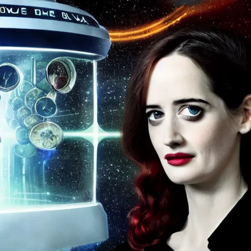 Image similar to a beautiful photograph of eva green as'doctor who ', time vortex in the background, detailed face, symmetrical face, extreme realism and detail, 8 k, completely framed, direct lighting, 3 5 mm photo, photorealistic, sharp focus