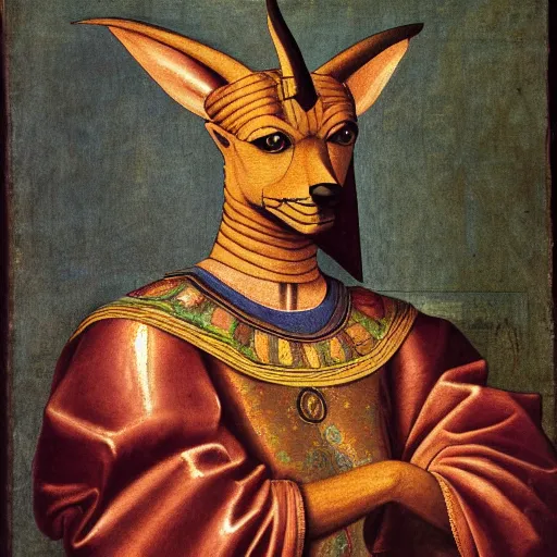 Image similar to a renaissance style portrait painting of Anubis