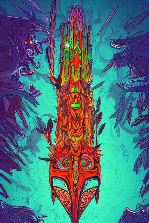 Image similar to totem animal tribal chaman vodoo mask feather gemstone plant wood rock video game illustration vivid color borderlands by josan gonzales and dan mumford radiating a glowing aura global illumination ray tracing