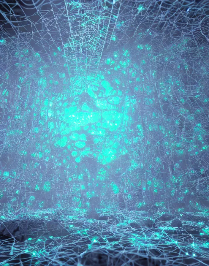 Image similar to utopian mycelium phyrexian eldrazi colony in crystal webs, screensaver programmatic architecture, bioluminescent radiant photorealistic cinema 4d CG render