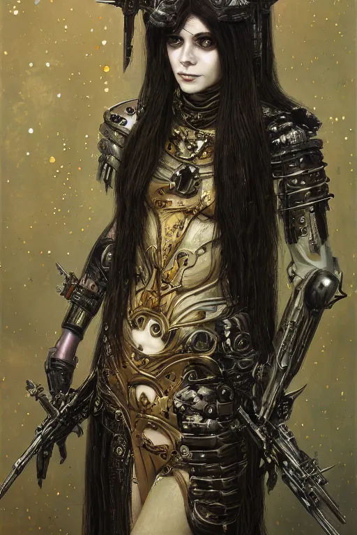 Image similar to portrait of beautiful young gothic sister of battle, cyberpunk, Warhammer, highly detailed, artstation, illustration, art by Gustav Klimt