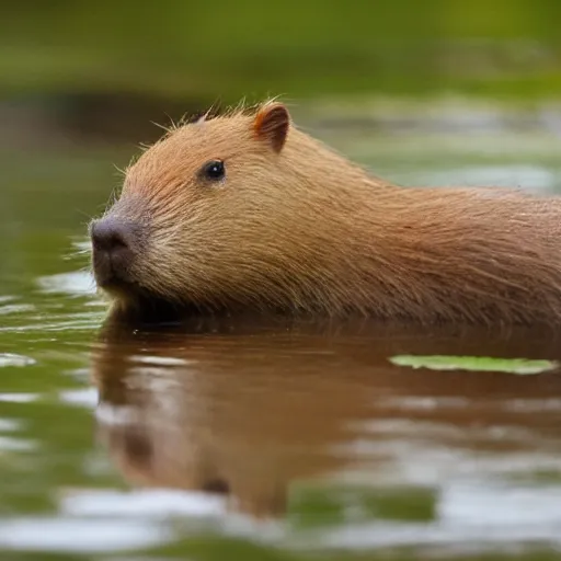 Prompt: capybara sitting in a pond, duckling on its head