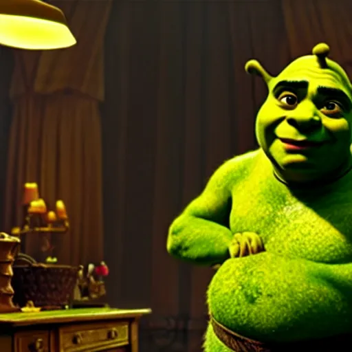 Prompt: mr. bean as shrek. movie still. cinematic lighting.