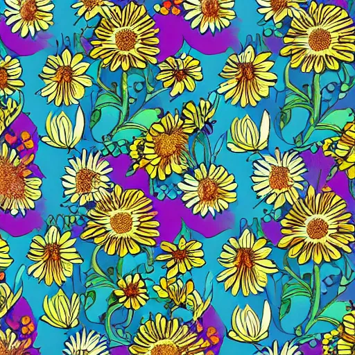 Image similar to highly detailed daisy pattern in the style of old botanical illustrations, matisse, lisa frank, and japanese art, 4 k