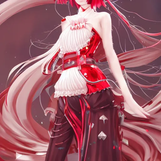 Image similar to kitsune woman nekomimi fancy haircut, full body, intrincate, red and white, gliter, depth of field, 8k, hyper detailed, trending on artstation