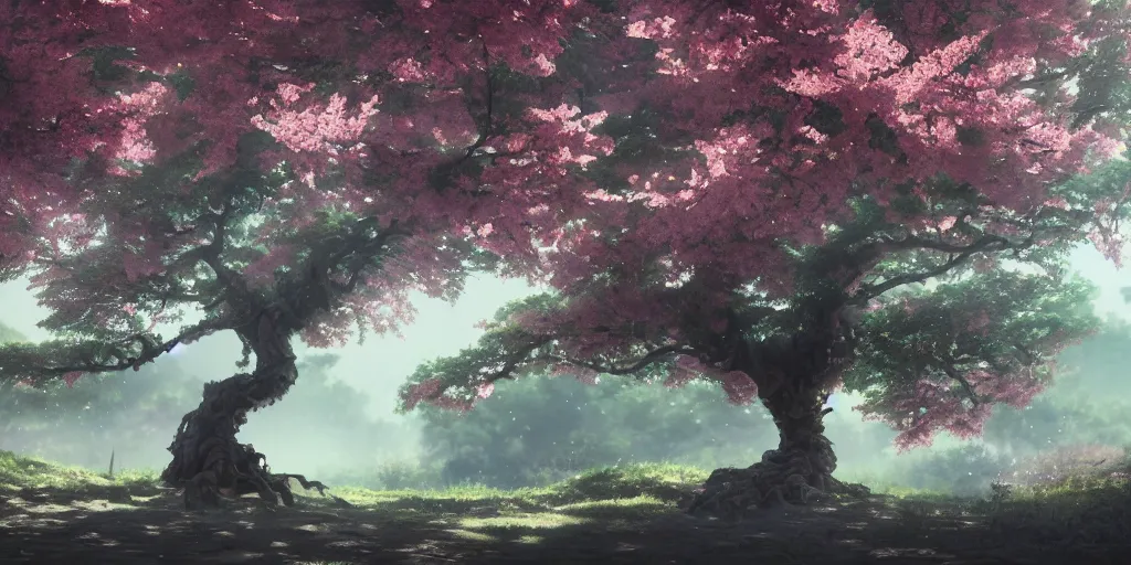 Image similar to a sakura tree, detailed oil painting, cinematic angle, hyperrealistic, breathtaking, cinematic lighting, dynamic, Studio Ghibli, digital art, octane render, epic composition, trending on artstation, masterpiece