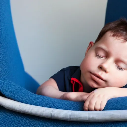 Image similar to small firefighter, asleep on blue reclining chair, dark hair
