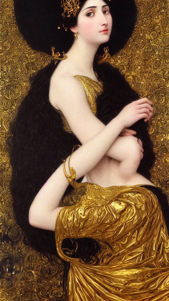 Image similar to painting portrait of a beautiful black haired woman with pale skin and a crown on her head sitted on an intricate metal throne, intricate, elegant, digital painting, smooth, sharp focus, shiny gold, realistic gold, realistic metal, by william - adolphe bouguereau and gustav klimt,