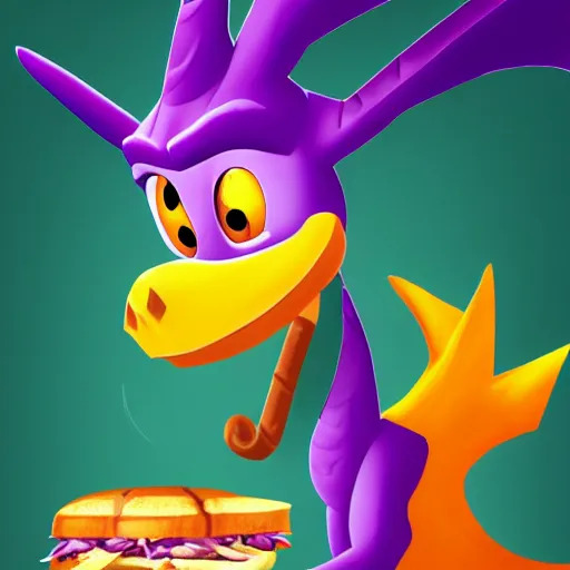 Prompt: spyro the dragon making a subway sandwich, detailed digital art, best of artstation