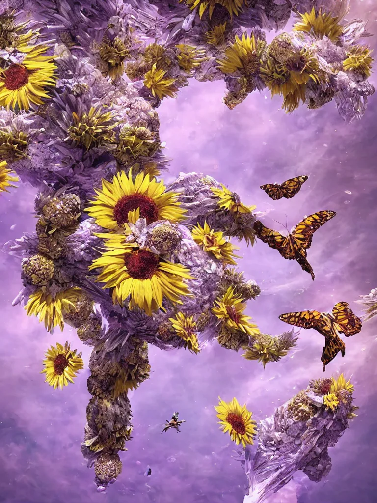 Prompt: an ancient white fractal bone and fractal raw emerald gemstone sunflower made of amethyst gemstone, flowering pineapples, butterfly flying, 8k, accurate, intricate, introspective, decorative, moody, dramatic, atmospheric, octane render, hypermaximalist, elegant, photorealistic, hyper detailed, volumetric lighting