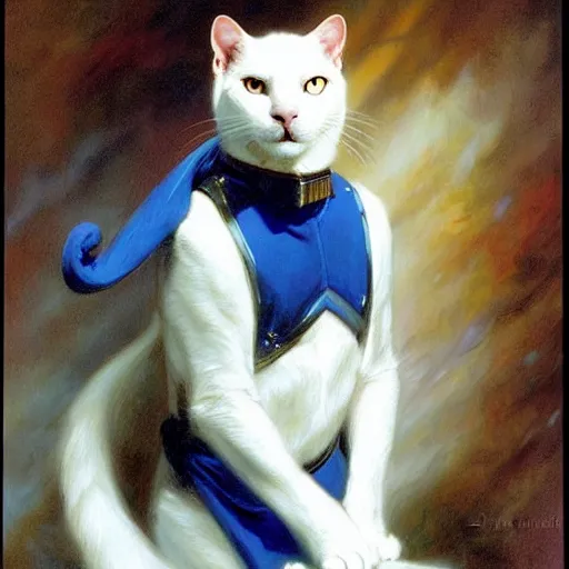 Image similar to a portrait of a manly humanoid white cat feline, blue eyes, star trek the next generation. highly detailed painting by gaston bussiere, craig mullins, j. c. leyendecker, furry