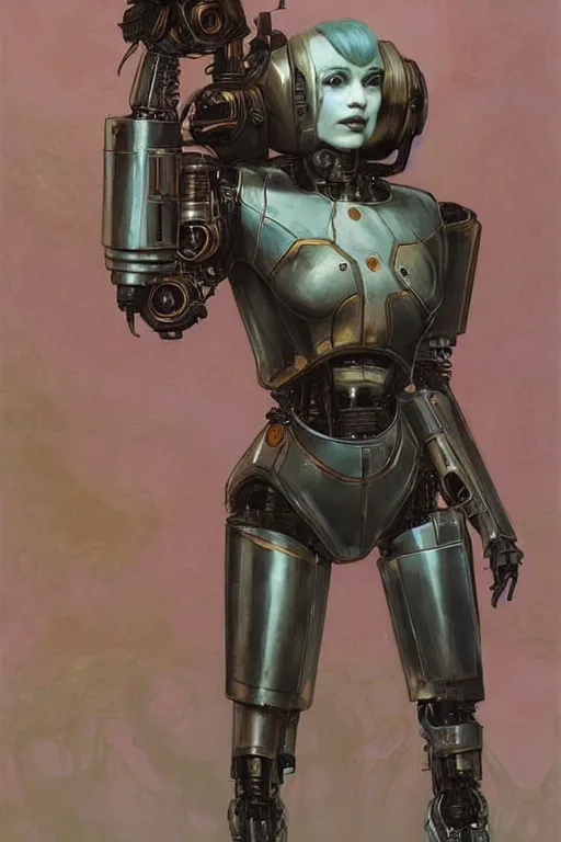 Prompt: fullbody or portrait, simple futurist cyborg empress, warhammer 4 0 k, perfect future, award winning art by santiago caruso, iridescent color palette, by wlop and karol bak and bouguereau and viktoria gavrilenko, 1 9 7 0 s retro future robot android. muted colors
