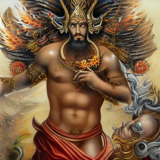 Image similar to battle between gods of all religions, airbrush painting, illustration, intricate detail, award winning work,