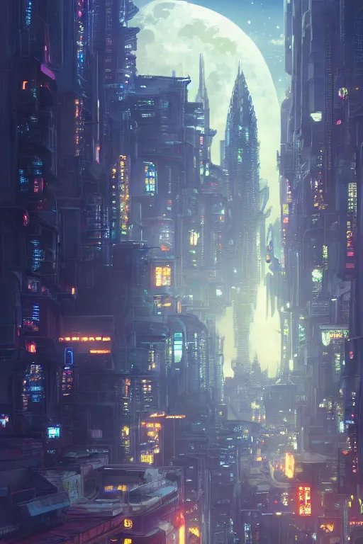 Image similar to a highly detailed matte painting of a city under moon and stars by studio ghibli, makoto shinkai, by artgerm, by wlop, by greg rutkowski, volumetric lighting, cyberpunk, octane render, 4 k resolution, trending on artstation, masterpiece
