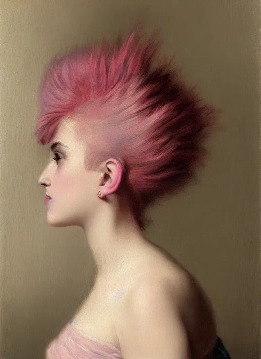 Image similar to a detailed portrait of woman with a mohawk by edouard bisson, pink hair, punk rock, oil painting, muted colours, soft lighting