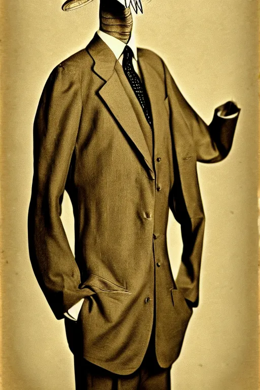 Image similar to anthropomorphic praying mantis, wearing a suit, vintage photograph, sepia