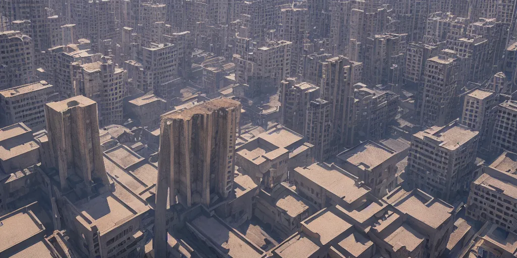 Image similar to drone view of a city with a large road through, Brutalist architecture,sharp focus,telephoto lens,digital art by Jordan Grimmer 4k