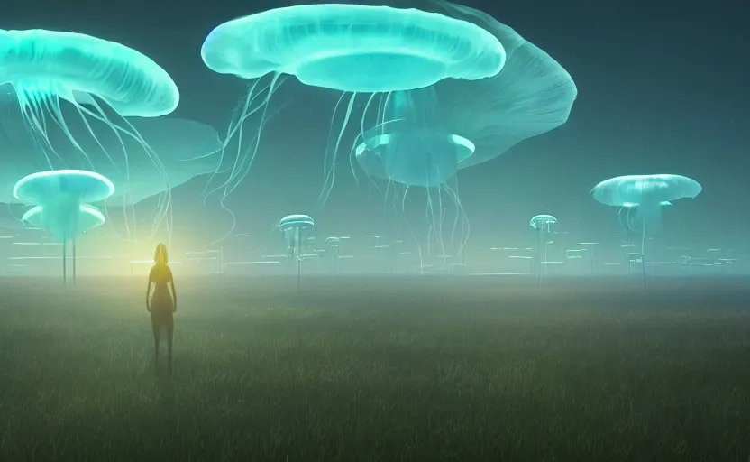 Image similar to floating luminescent jellyfish in an open landscape, Low level, rendered by Beeple, Makoto Shinkai, syd meade, simon stålenhag, environment concept, synthwave style, digital art, unreal engine, WLOP, trending on artstation, 4K UHD image, octane render,