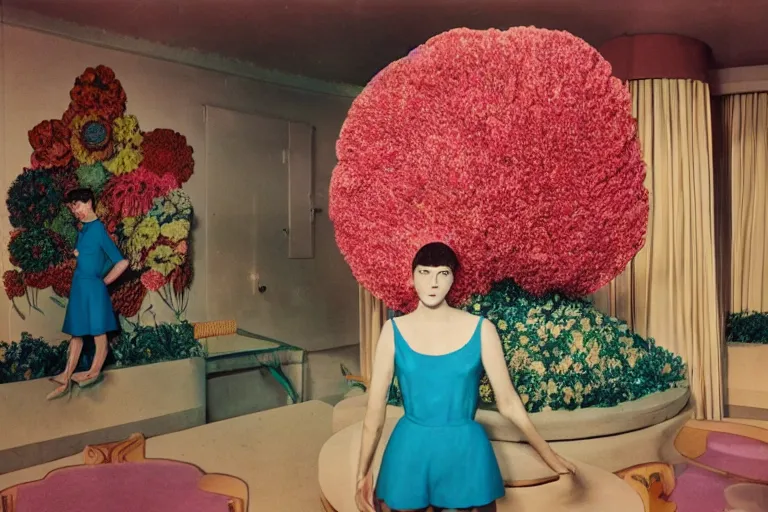 Image similar to giant flower head, girl standing in 1 9 6 0 s hotel, surreal photography, symmetry, mid century, liminal space, bright colours, wes anderson