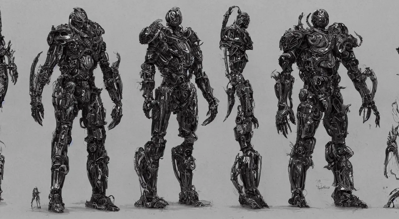 Image similar to full page scan of 1 7 0 0 concept art, occult robot armor, character design, symmetrical fullbody rendering, bliblical, inspired by elden ring, by hr giger, sadan vague, yoji shinkawa, craig mullins, emil melmoth, artstation, highly detailed, 4 k post - processing, 8 k resolution + dof