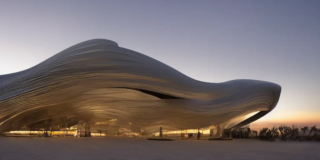 Prompt: extremely elegant smooth detailed stunning sophisticated beautiful elegant futuristic museum exterior by Zaha Hadid, smooth curvilinear design, stunning volumetric light, stainless steel, concrete, translucent material, beautiful sunset, tail lights