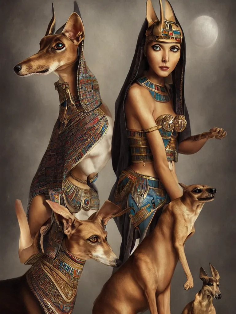 Image similar to portrait of a beautiful female ancient Egyptian goddess next to Anubis as a whippet, by Alessio Albi, painted by Artgerm