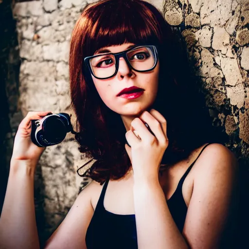 Prompt: dslr photo of velma dinkley, portrait photo, real photo, real camera, extreme detailed face and body, high quality, moody lighting, fast paced lines, sharp quality, enchanting lighting, 8 k