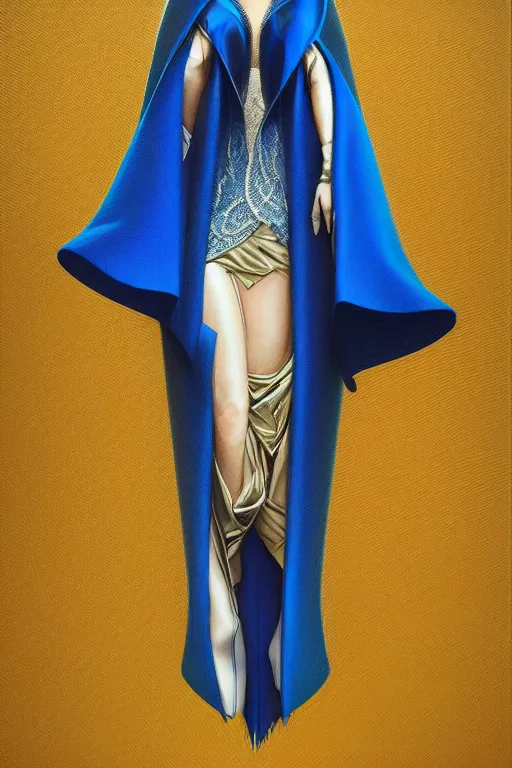 Image similar to detailed beautiful hooded noun in opened blue gold coat, seductive confident pose, attractive feminine curves, intricate details, futuristic, elegant cape, elegant, photorealism, trending on artstation, holy halo, advanced technology, art by moebius and vitaly bulgarov and chanthara