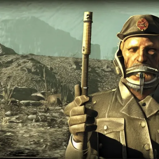 Image similar to Close up screenshot of Janusz Korwin-Mikke in the game Fallout: New Vegas (2010), screenshot from Fallout: New Vegas (2010)