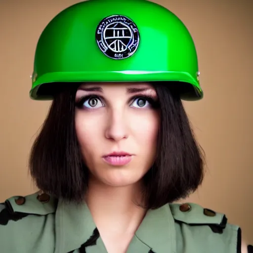 Image similar to brunette woman, short hair, flipped out hair, bright green eyes, fascist uniform, smirk