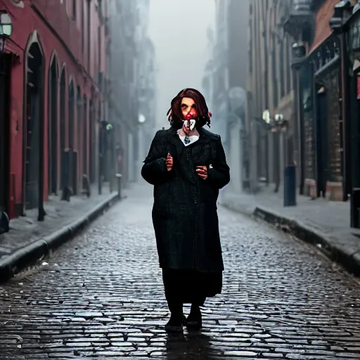 Prompt: A smirking woman in a dark coat lights a cigarette with an ornate gold lighter. She stands in a cobblestone street. The sky is a hazy gray, and her hair resembles a burnished halo. Her eyes are lined with blue kohl that glistens in the light, and her lips are painted red. A chill wind sweeps down the street.