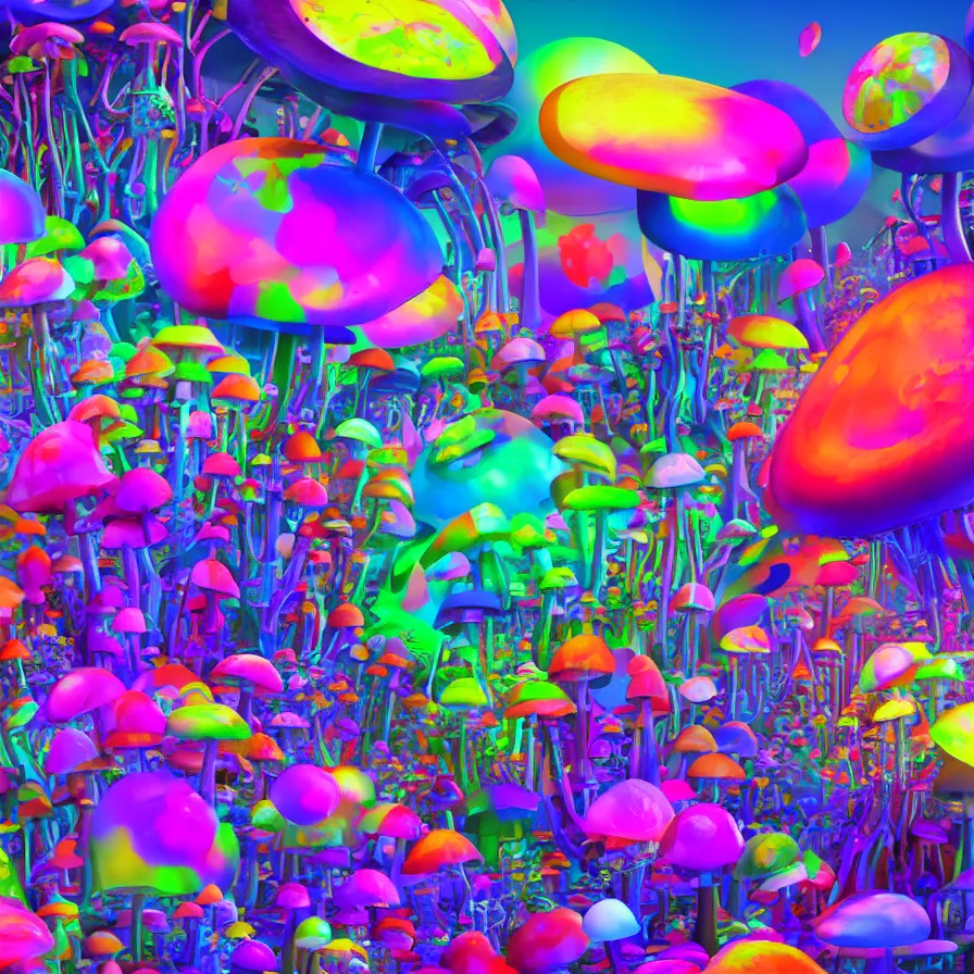 Image similar to big colorful mushroom, a computer render by jonathan zawada, flume, a 3 d render, featured on polycount, shutterstock contest winner, psychedelic art, psychedelic, rendered in cinema 4 d, 3 d