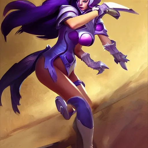 Image similar to greg manchess portrait painting of partially armored ahri from league of legends as overwatch character, medium shot, asymmetrical, profile picture, organic painting, sunny day, matte painting, bold shapes, hard edges, street art, trending on artstation, by huang guangjian, gil elvgren, ruan jia, randy vargas, greg rutkowski, gaston bussiere