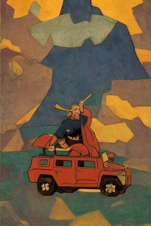 Image similar to thor with hummer, marvel, artwork by nicholas roerich,