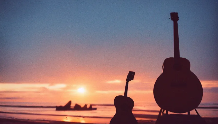 Image similar to kodak portra 400 photo of an acoustic guitar and a campfire on the beach at sunset, golden hour, dimly lit