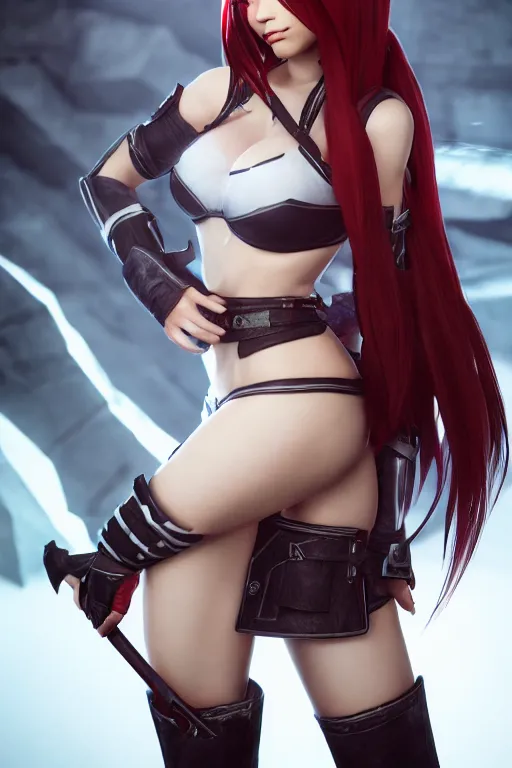 Image similar to Katarina from League of Legends, photorealistic full body, studio lighting, unreal engine 5, hyperrealistic, dynamic lighting, white ambient background, realistic, highly detailed
