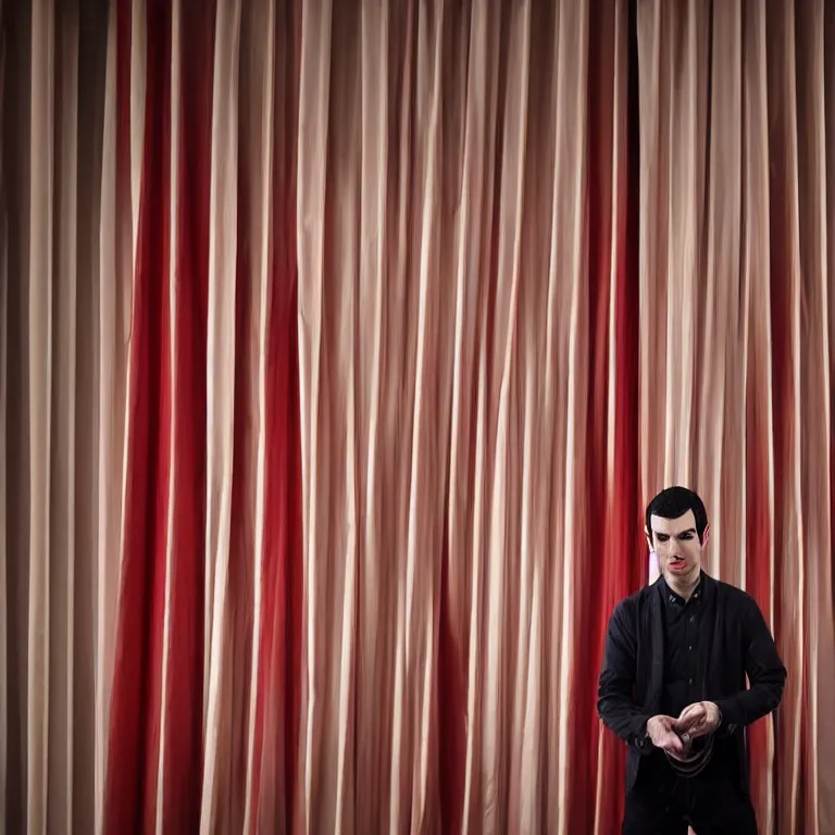 Image similar to dslr photograph of nathan fielder from nathan for you behind a puppet stage with a red curtain controlling a single marionette by the strings, high detail, 8 k, photorealism, sharp focus, volumetric lighting