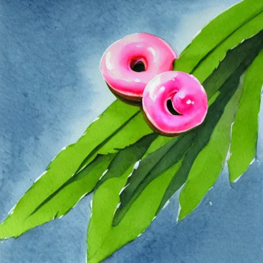 Prompt: Tropical tree branch growing pink donuts, Watercolor, photorealistic, high resolution, award winning, trending on artstation