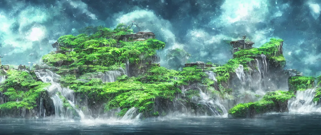 Image similar to a small crumbling island with waterfalls flowing off the island, floating in space, studio ghibli, digital art, detailed, depth of field