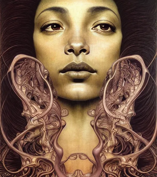 Prompt: detailed realistic beautiful young sade adu face portrait by jean delville, gustave dore and marco mazzoni, art nouveau, symbolist, visionary, gothic, pre - raphaelite. horizontal symmetry by zdzisław beksinski, iris van herpen, raymond swanland and alphonse mucha. highly detailed, hyper - real, beautiful, fractal baroque