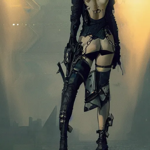 Image similar to full body portrait of an elf woman with elf ears wearing a leather jacket, cyberpunk digital art, dramatic lighting, illustration by Greg rutkowski, yoji shinkawa, 4k, digital art, concept art, trending on artstation