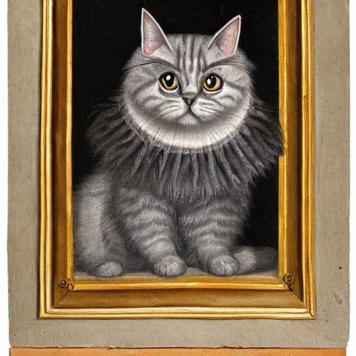 Image similar to a renaissance style portrait painting of a grey scottish fold cat, wearing a crown and cape, dark background