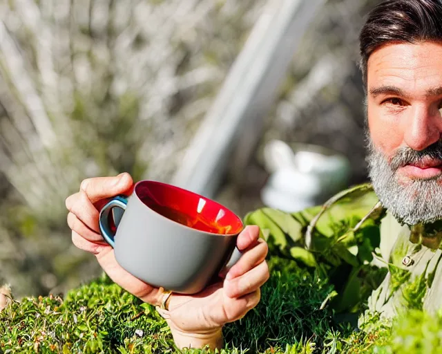 Prompt: mr robert is drinking fresh tea in a garden from spiral mug, detailed calm face, grey short beard, golden hour, red elegant shirt