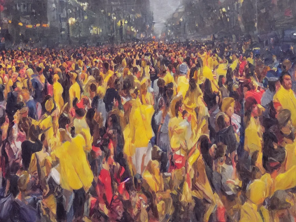 Prompt: point of view of a person in a big parade at night, everyone have yellow clothes, one girl staring at you smiling, photorealistic portrait oil painting, POV